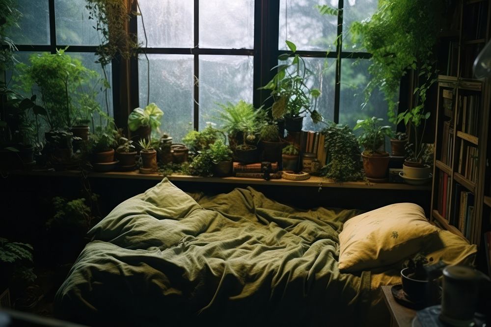 Bedroom plant furniture window. AI generated Image by rawpixel.