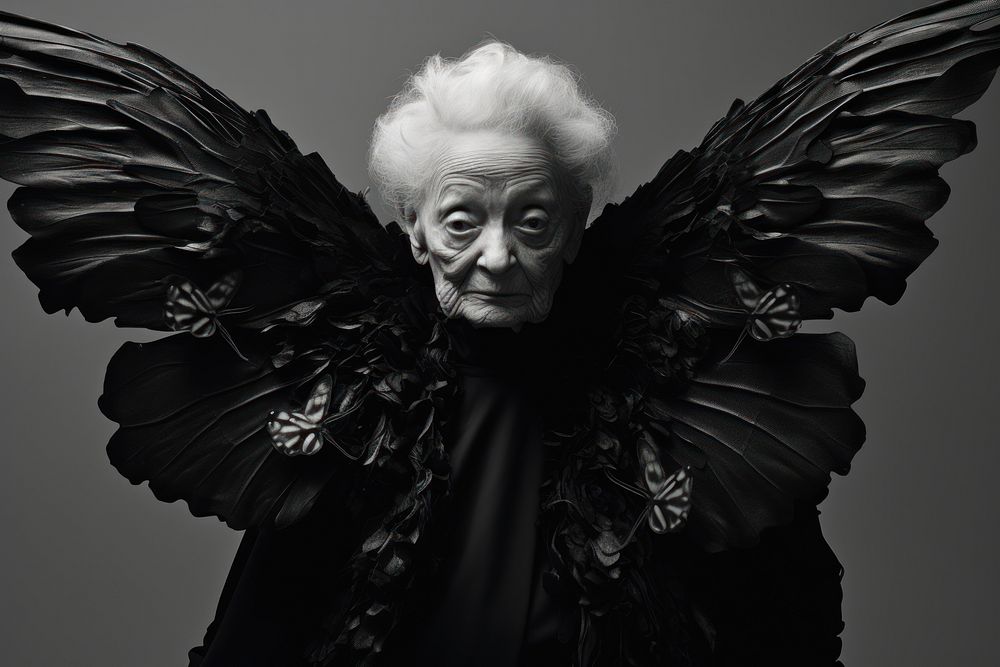 Old woman wearing butterfly costume photography portrait black.