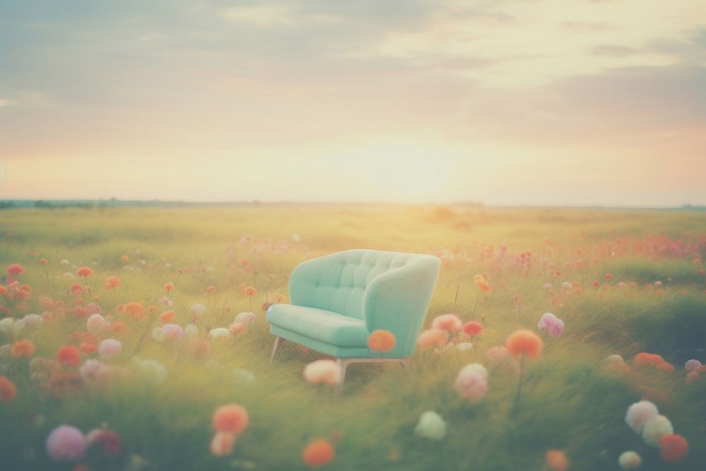  Top view of A simple Sofa placed in the middle of a grassy field background landscape grassland outdoors. AI generated…