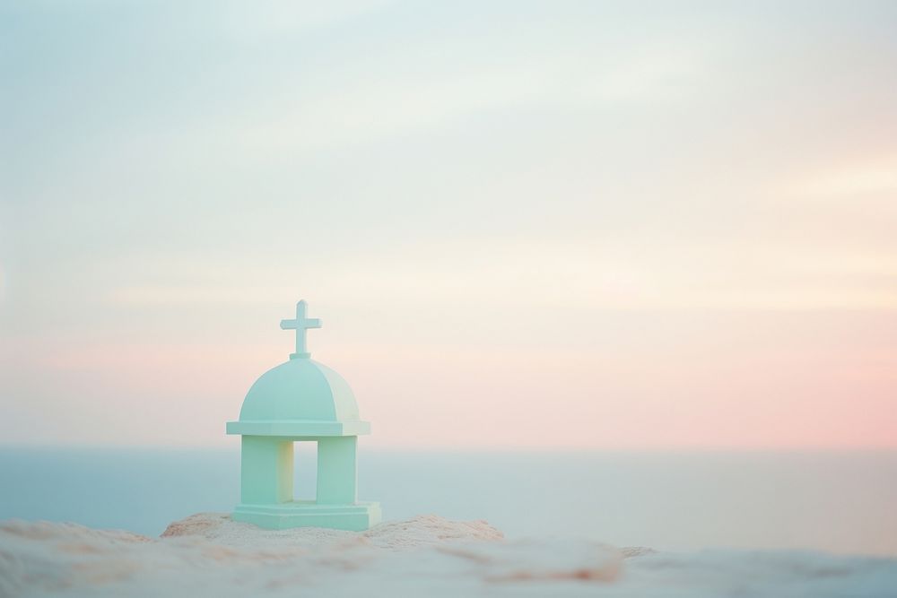  Dreamy pastel Small church perched on a cliff overlooking the sea background architecture outdoors nature. AI generated…