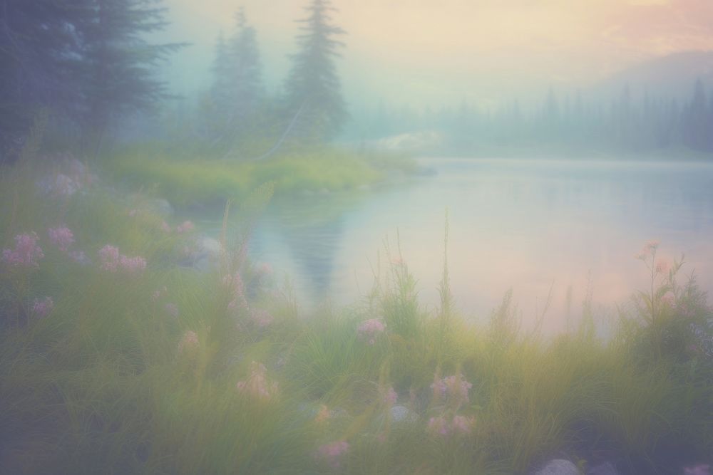  Dreamy peacful mist lake background outdoors nature forest. AI generated Image by rawpixel.
