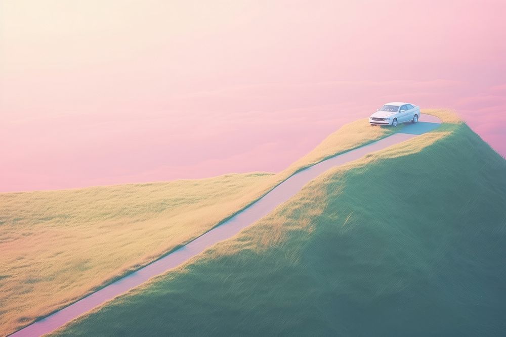  A car parked in the middle of a tall grassy hill outdoors nature sea. AI generated Image by rawpixel.