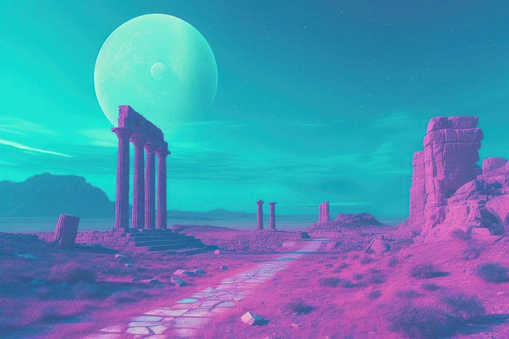  Greek ruins in the style of vaporwave background astronomy outdoors nature. AI generated Image by rawpixel.