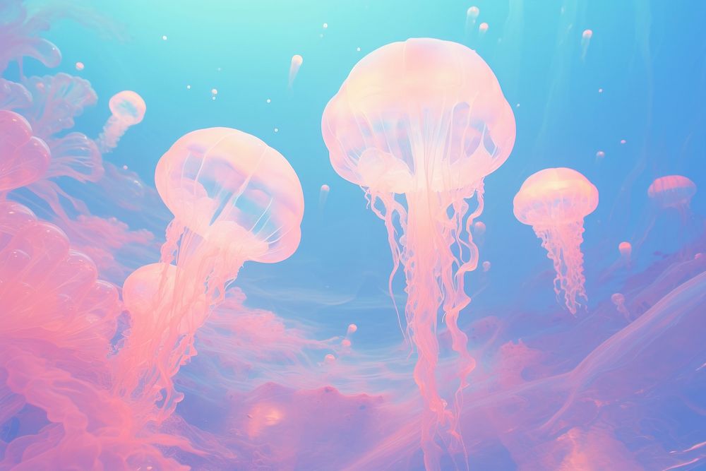  Glowing Jellyfishs underwater background jellyfish invertebrate transparent. 