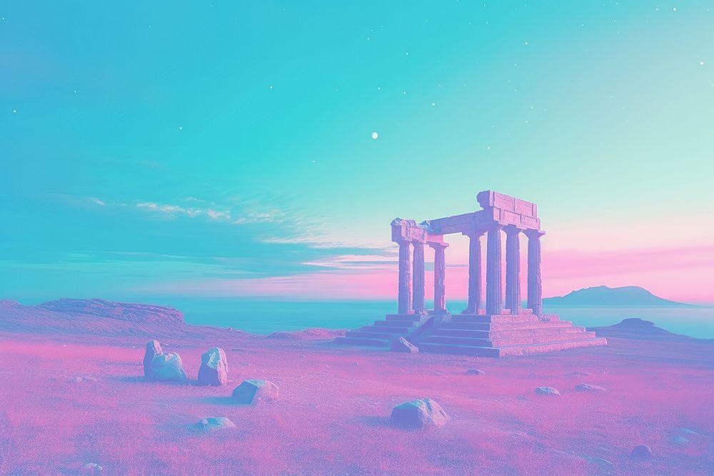  Greek ruins in the style of vaporwave background outdoors nature architecture. AI generated Image by rawpixel.