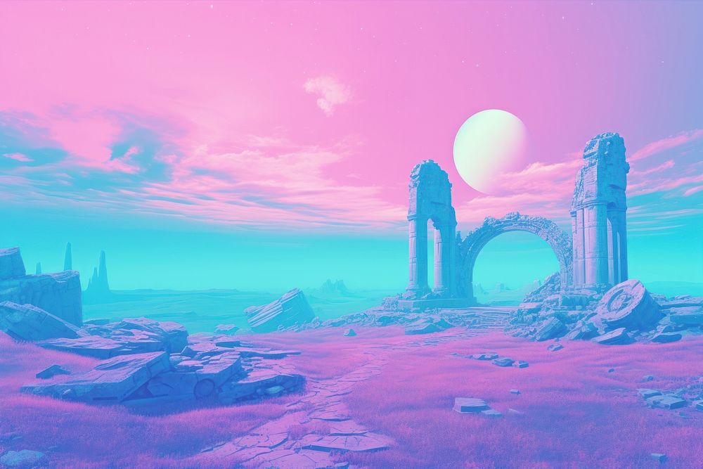  Greek ruins in the style of vaporwave background architecture landscape outdoors. AI generated Image by rawpixel.