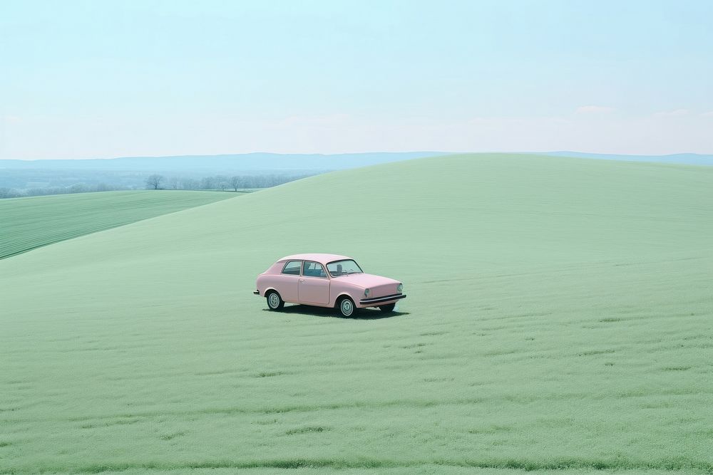  A car parked in the middle of a tall grassy hill background outdoors horizon vehicle. AI generated Image by rawpixel.