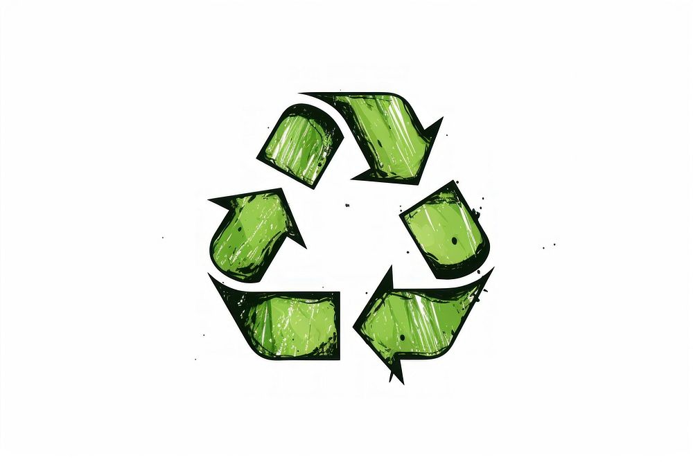 Doodle drawing recycle icon green plant white background.