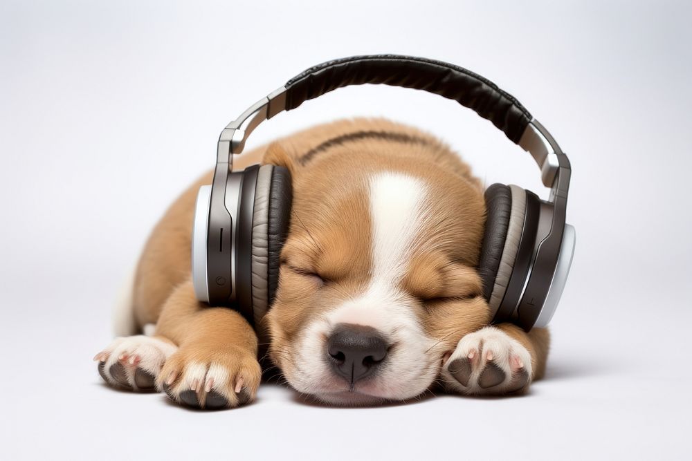 An Adorable dog sleep and wearing headphones headset mammal puppy.