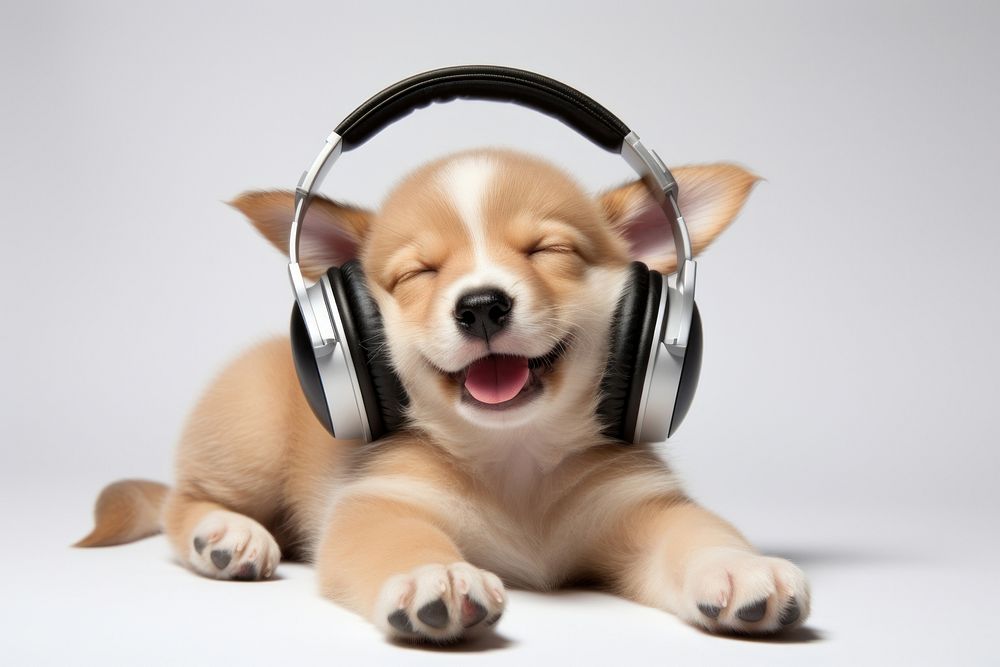An Adorable dog sleep and wearing headphones headset mammal puppy.