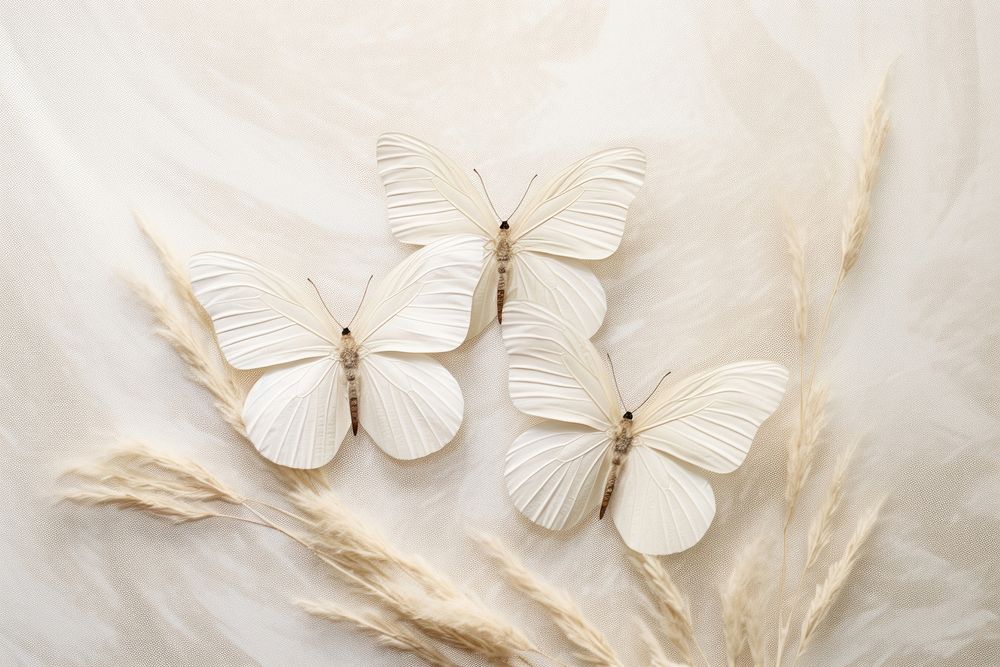 Minimalist photography close up flat lay three white butterflies butterfly animal insect.