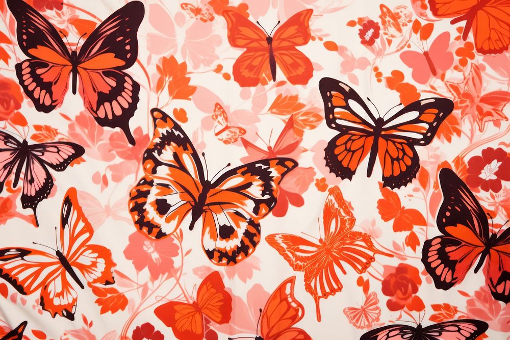 Orange fabric with red and pink butterflies background backgrounds butterfly pattern.
