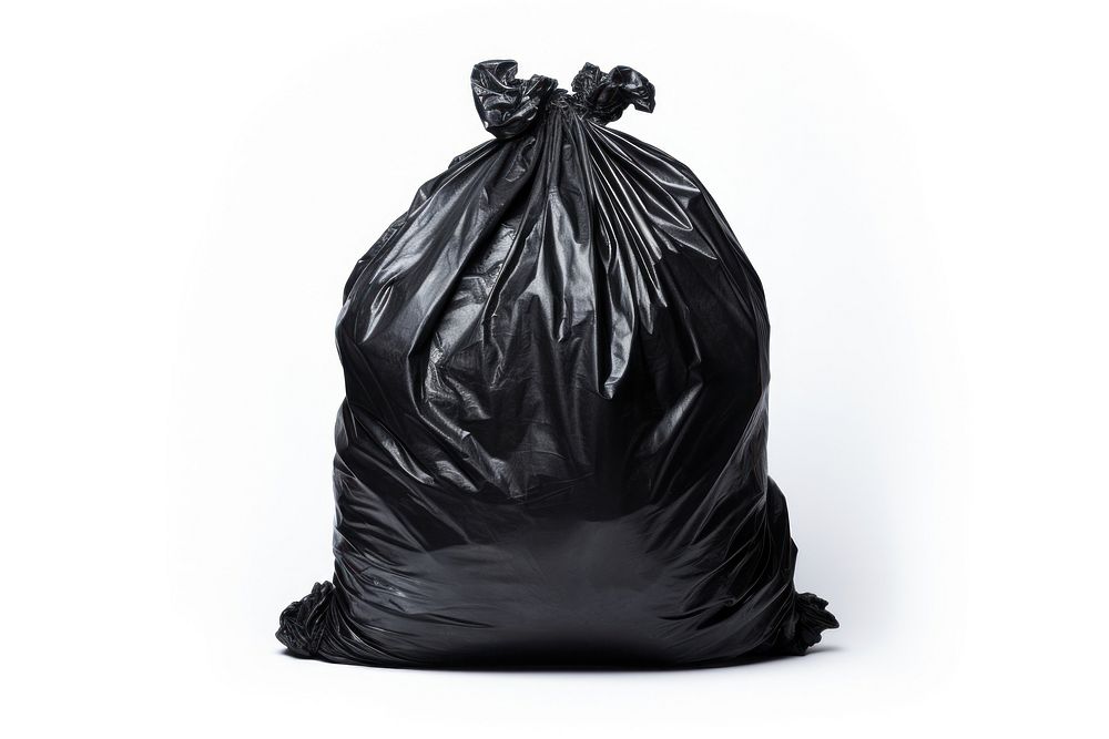 Black garbage bag plastic white background recycling.