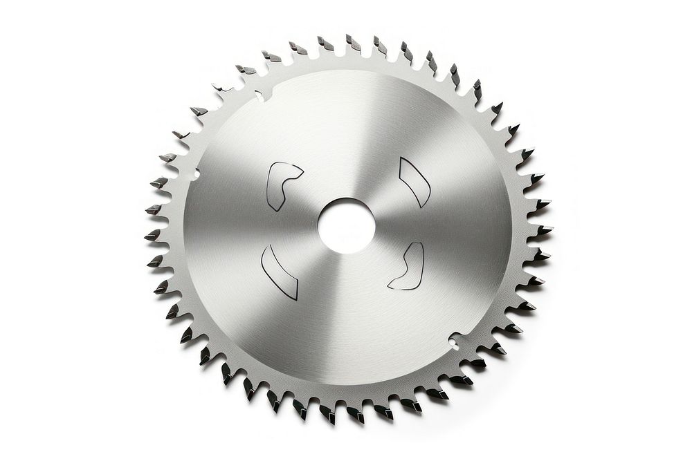 Metal circular saw blade gear white background.