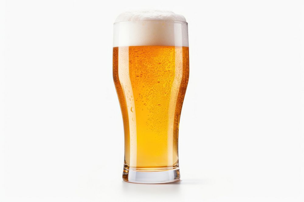 A glass of beer lager drink white background.