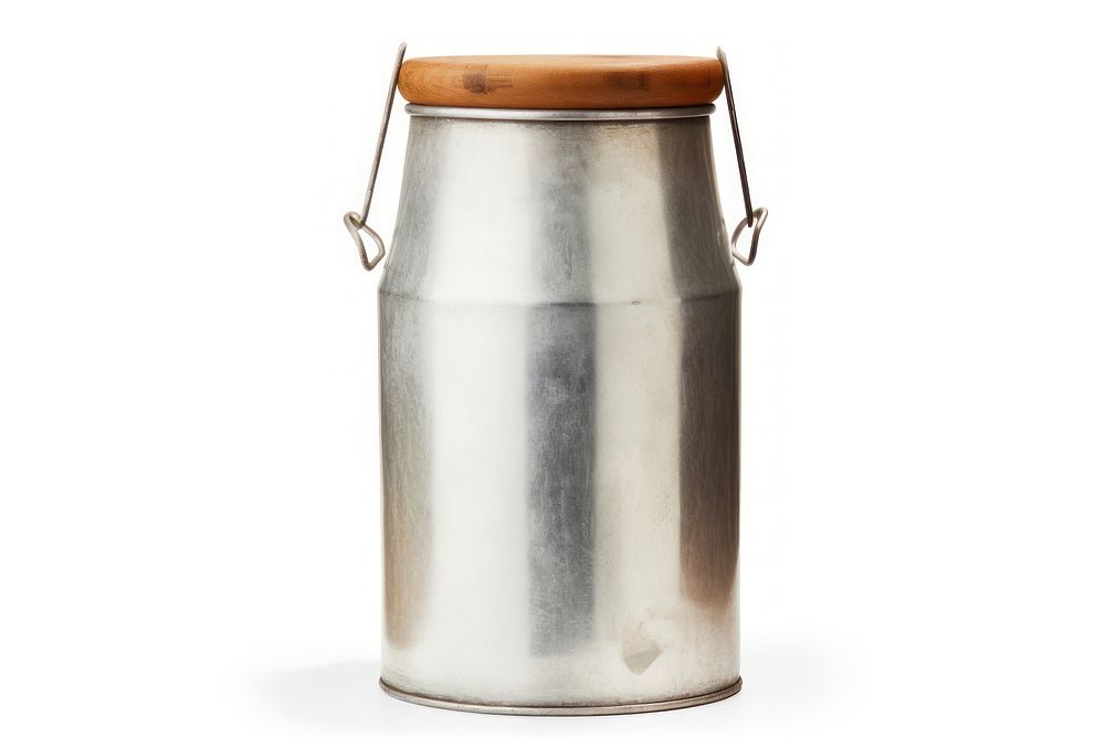 Aluminium milk can bottle wood white background. AI generated Image by rawpixel.