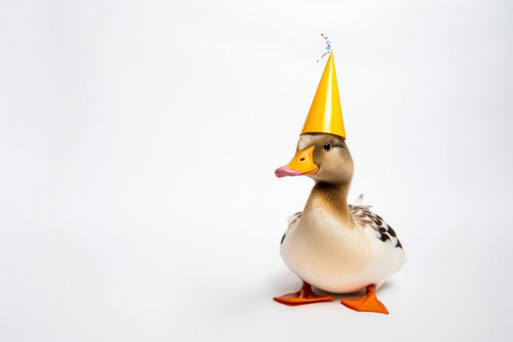 Duck wearing party hat celebration animal bird.