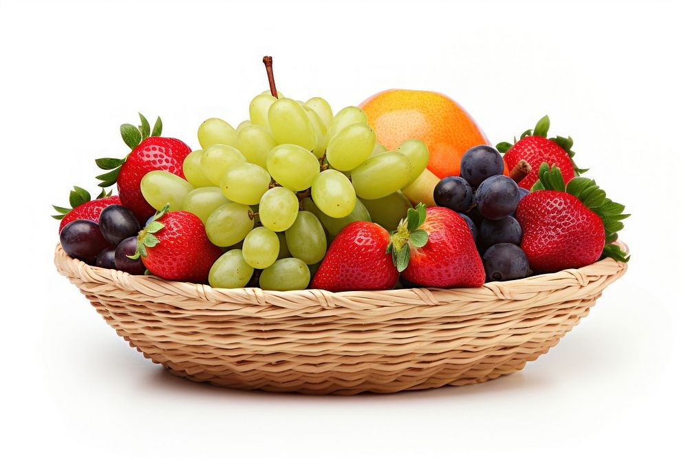 Fruit basket strawberry blueberry grapes.