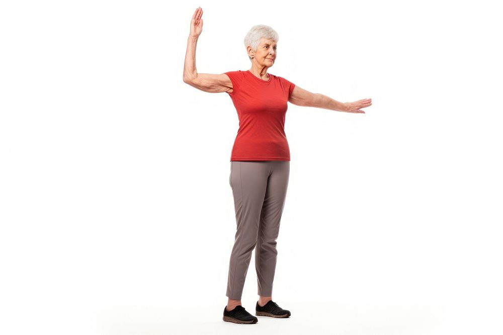 Senior british woman standing stretching adult.