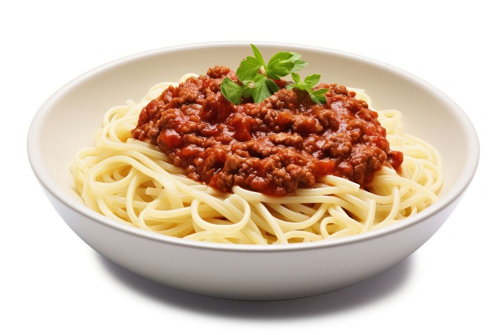 Spaghetti pasta sauce food white background.