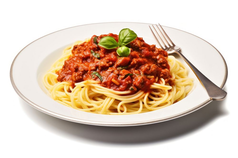 Spaghetti pasta fork sauce plate.