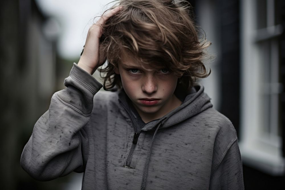Young british boy portrait worried photo. AI generated Image by rawpixel.
