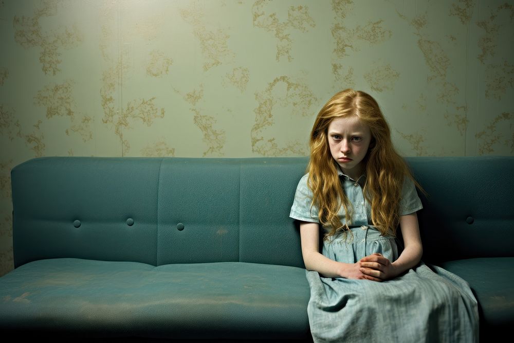 Young british girl furniture portrait worried. AI generated Image by rawpixel.