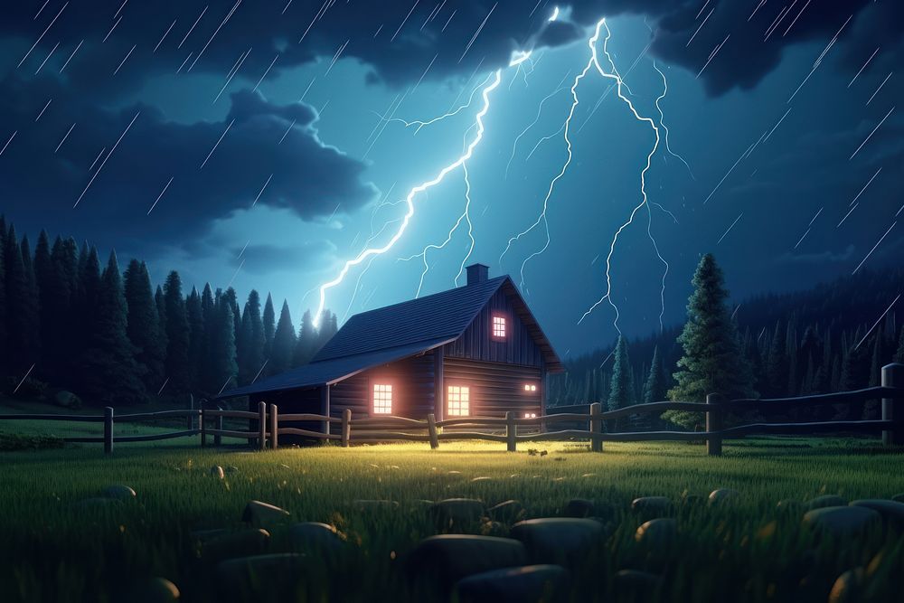 Heavy raining Fork lightning thunderstorm architecture.