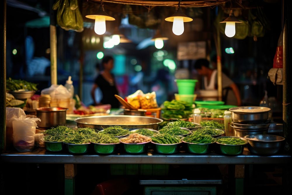 Local Thai market food green illuminated.