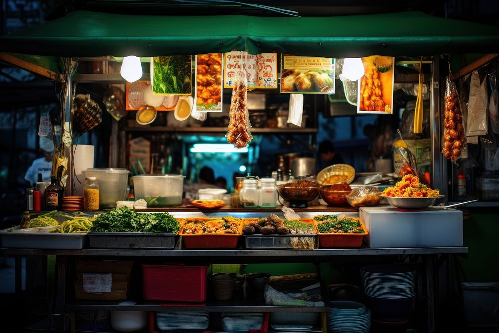 Local Thai market food illuminated restaurant.