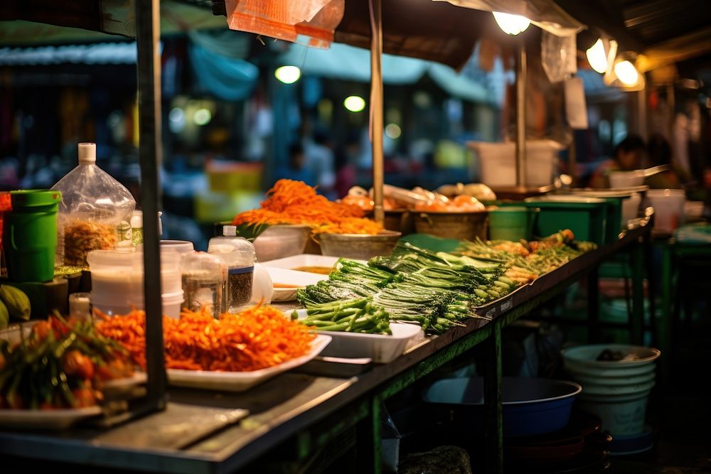 Local Thai market food greengrocer illuminated.