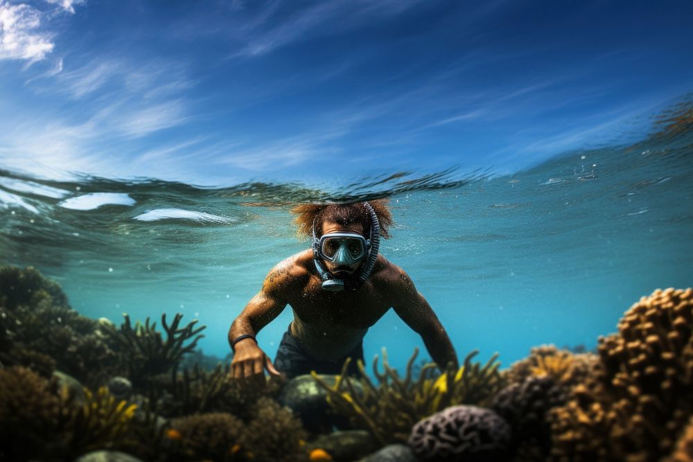 African man sea underwater snorkeling.
