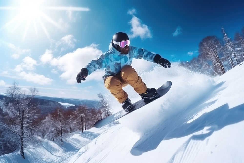 Jumping with snowboard snowboarding recreation adventure. AI generated Image by rawpixel.