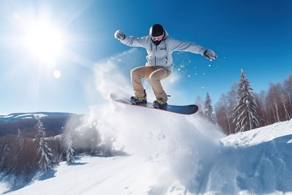 Jumping with snowboard snowboarding recreation adventure. AI generated Image by rawpixel.