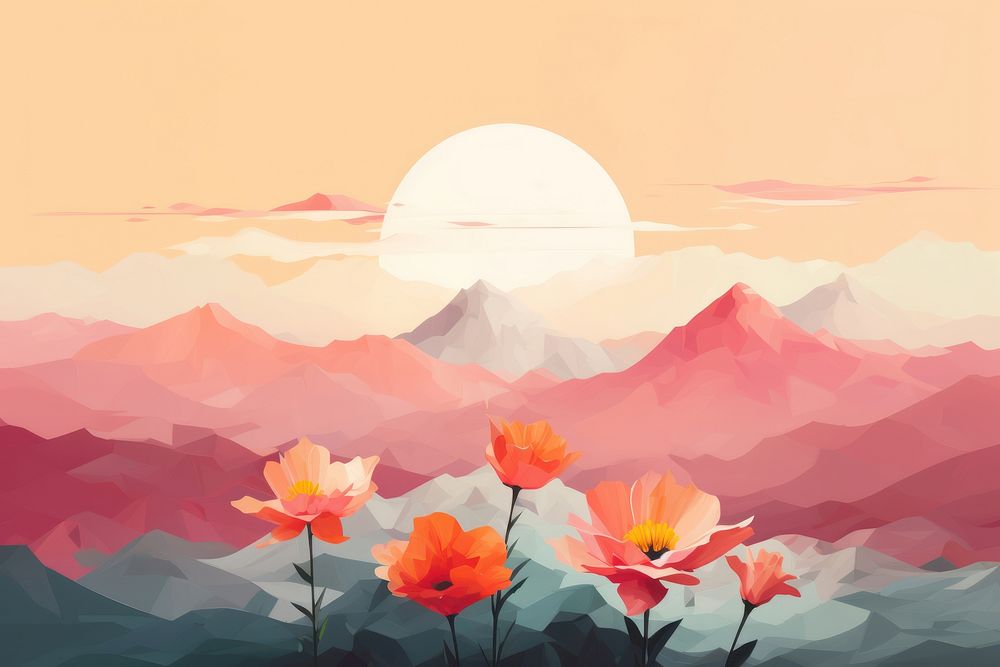 PNG Mountain with sunset with flower landscape outdoors nature. AI generated Image by rawpixel.