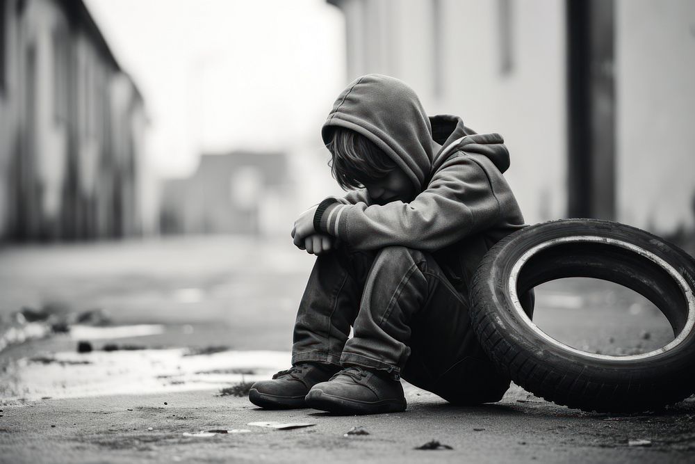 A boy sitting on street covering his face wheel black photo.