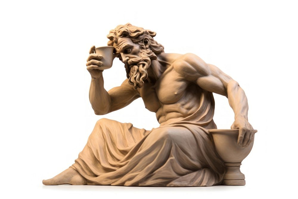 Greek sculpture drinking coffee statue art white background.