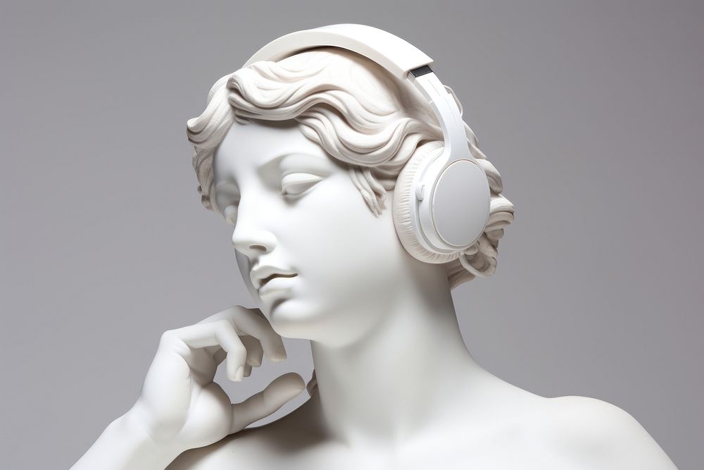 Listening to music sculpture statue female.