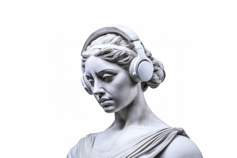 Greek sculpture listening to music portrait statue headphones.