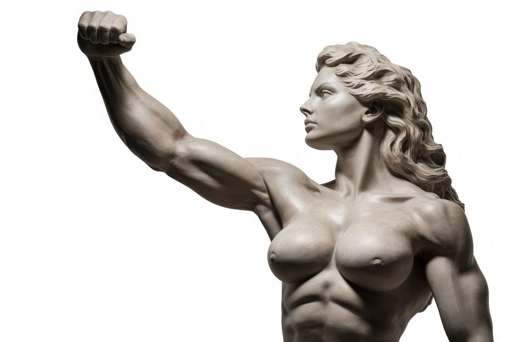 Greek sculpture flexing muscle statue white background flexing muscles.