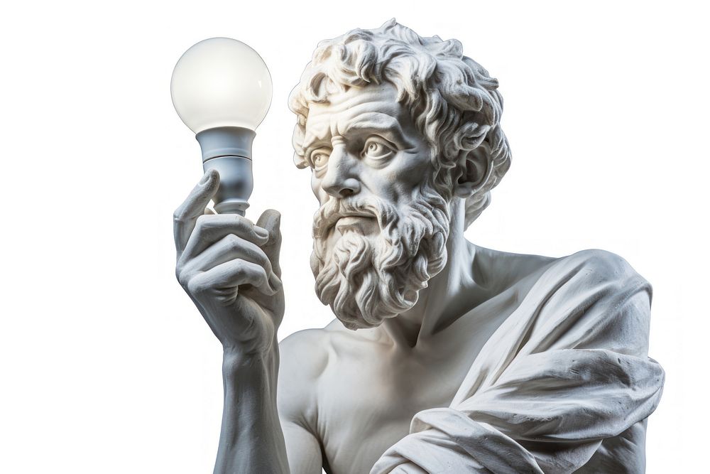 Greek sculpture holding light bulb statue lightbulb portrait.