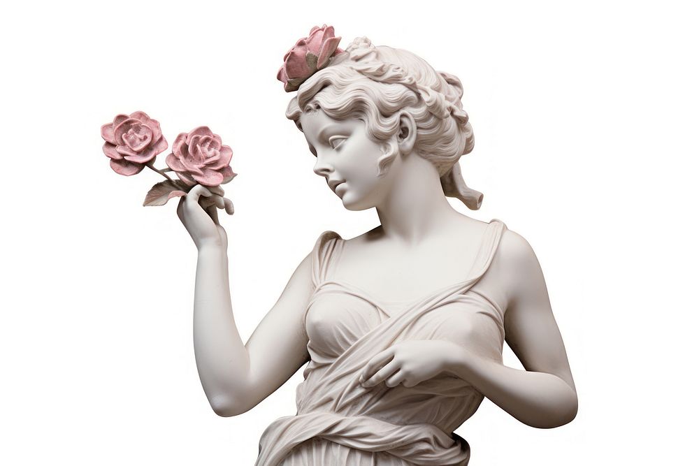 Greek sculpture holding rose statue portrait flower.