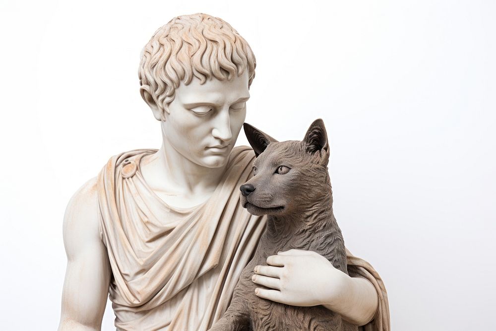 Greek sculpture hugging pet statue portrait mammal.