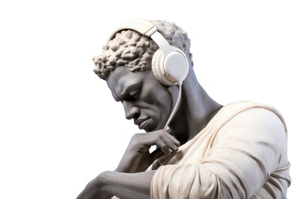 Greek sculpture listening to music headphones portrait statue.