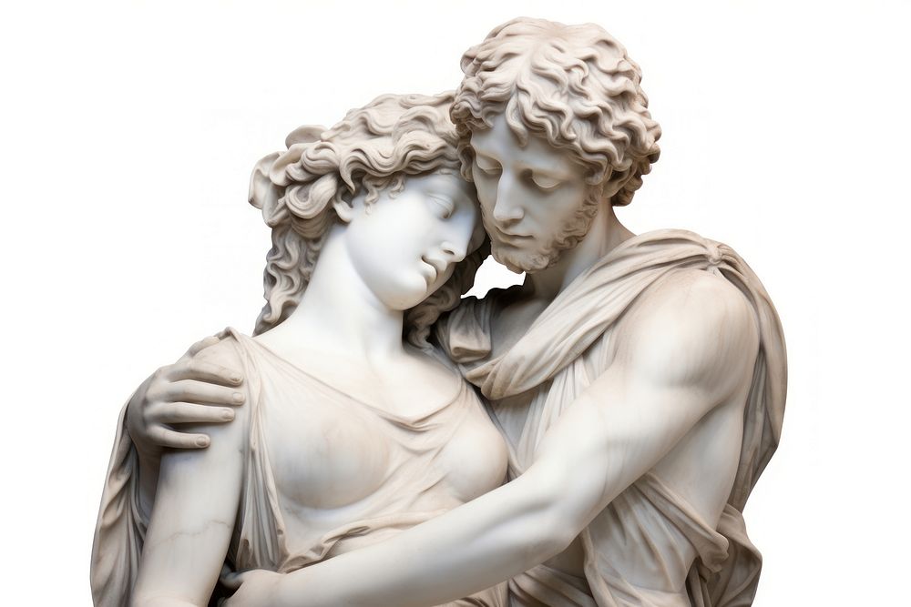 Greek sculptures hugging statue art white background.
