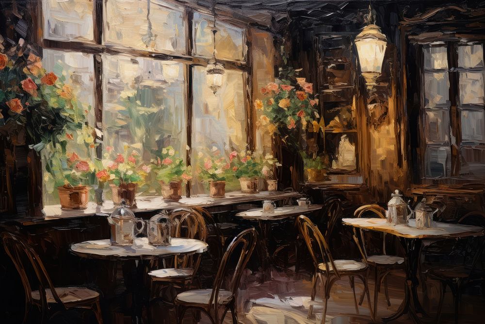 Cafe painting architecture restaurant. AI generated Image by rawpixel.