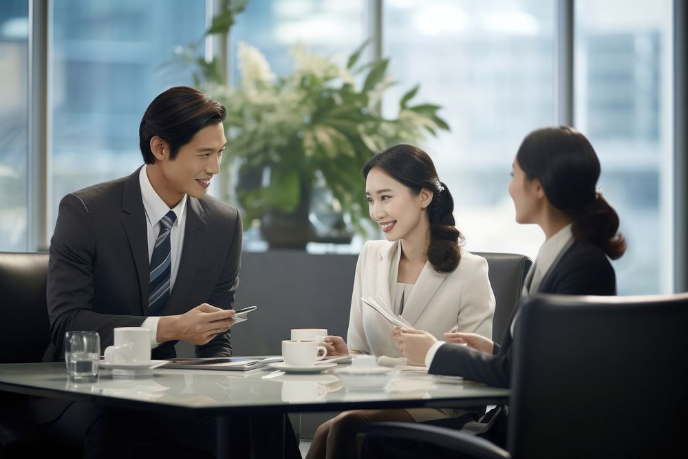 Three asian office workers discussing at meeting desk conversation adult mug.