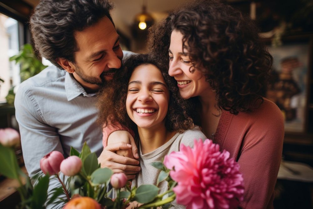 Woman celebrating with family laughing hugging flower.