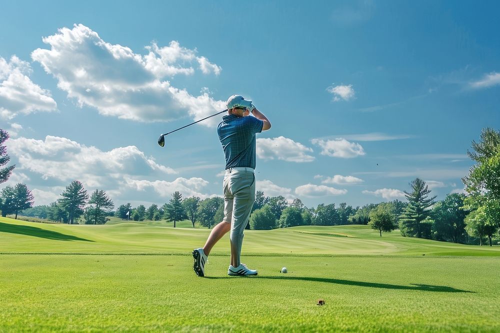 Man swinging golf club outdoors sports nature. AI generated Image by rawpixel.