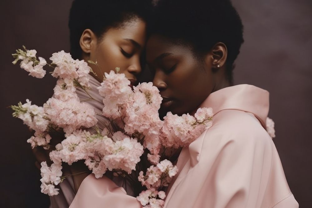 A black woman holding flower bonquet hugging another woman togetherness affectionate freshness.